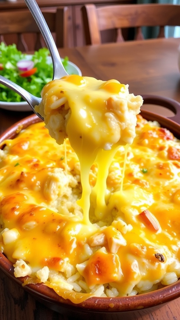 Cheesy chicken and rice casserole in a baking dish, topped with melted cheese, served with a side salad.